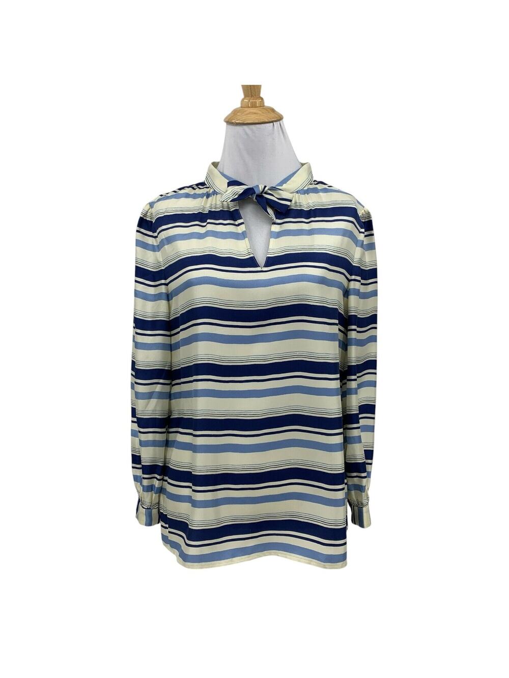J Crew Collection Top Womens Extra Small Cream Blue Silk Tie Neck Twill Striped